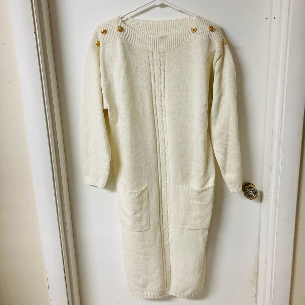 New 💫 White & Gold Button Accent Sweater Dress